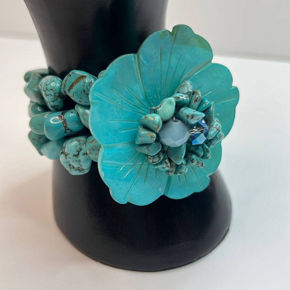 Hand Beaded Turquoise 3-Strand Floral Bracelet